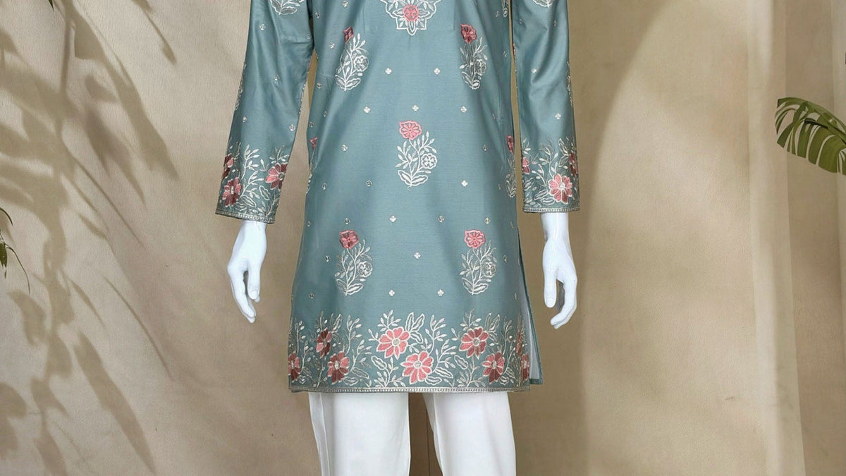 Dusty blue kurta pant set for Indian wedding guest outfits with pants - ClothsVilla