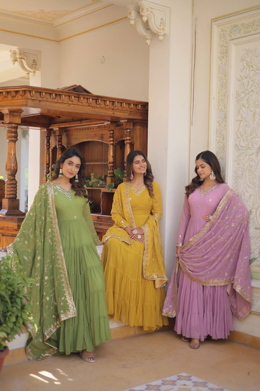 Embrace Elegance: 5 Layer Faux Georgette Gown with Embroidered Dupatta and Designer V Neck