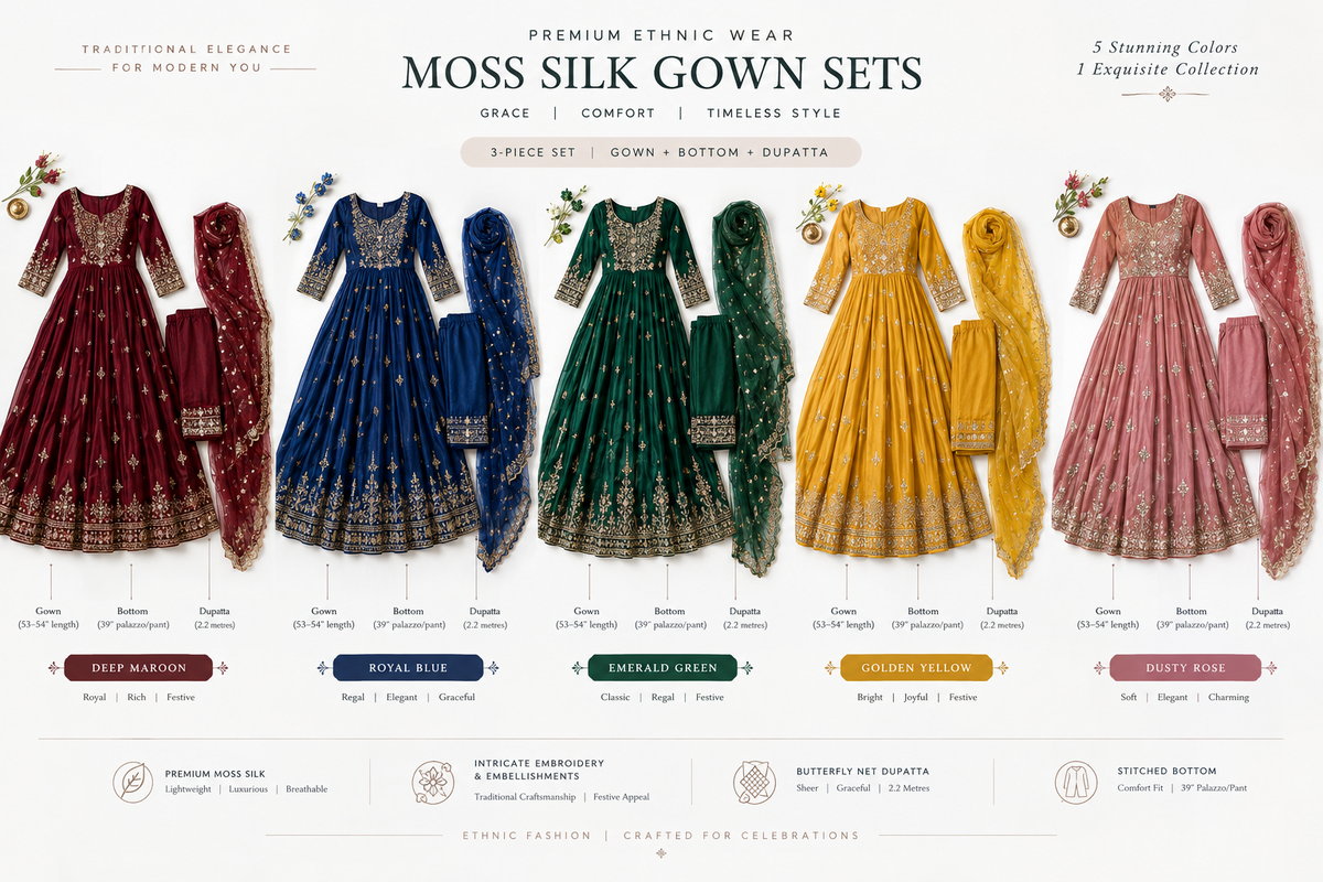 Moss Silk Gown Sets: Butterfly Net Dupatta Buying Guide