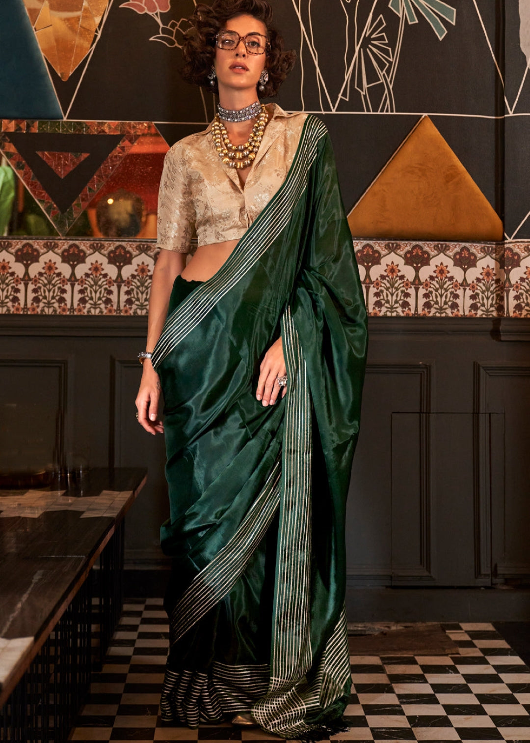 Forest green blended silk saree wedding styling with blouse and jewellery ideas