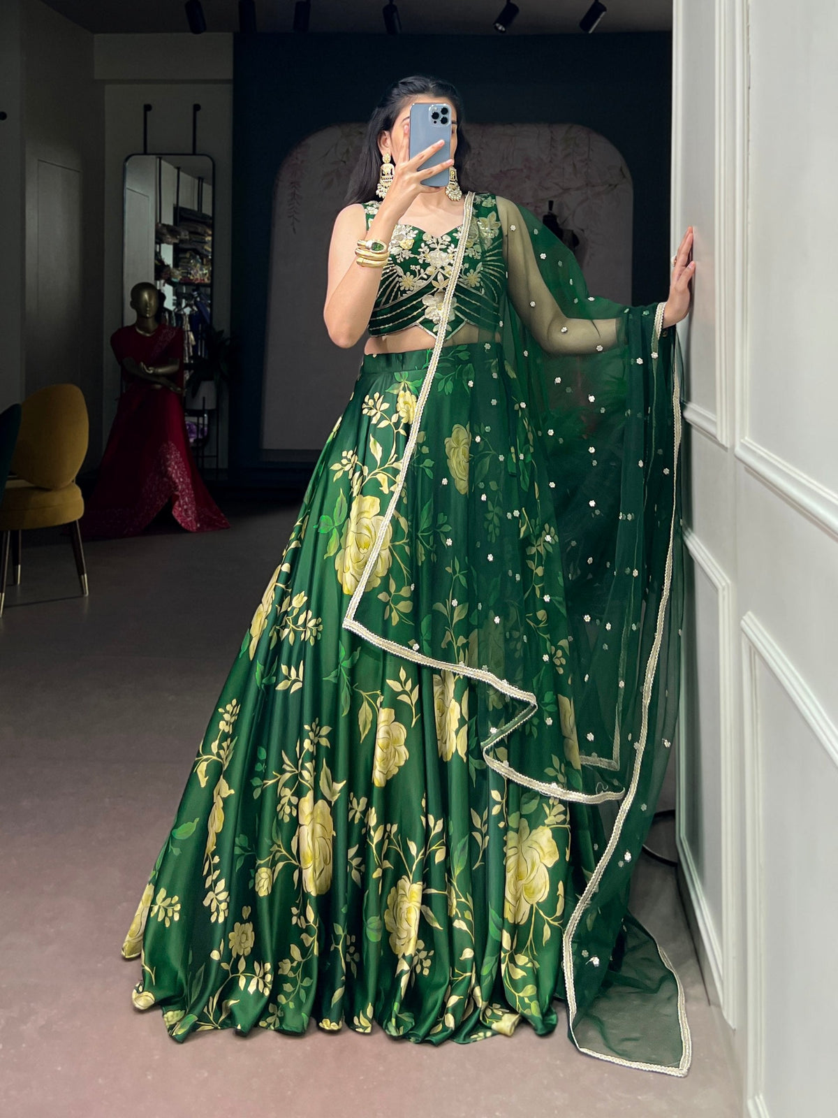 printed lehenga colour combinations — Green Satin Silk Floral Printed Lehenga