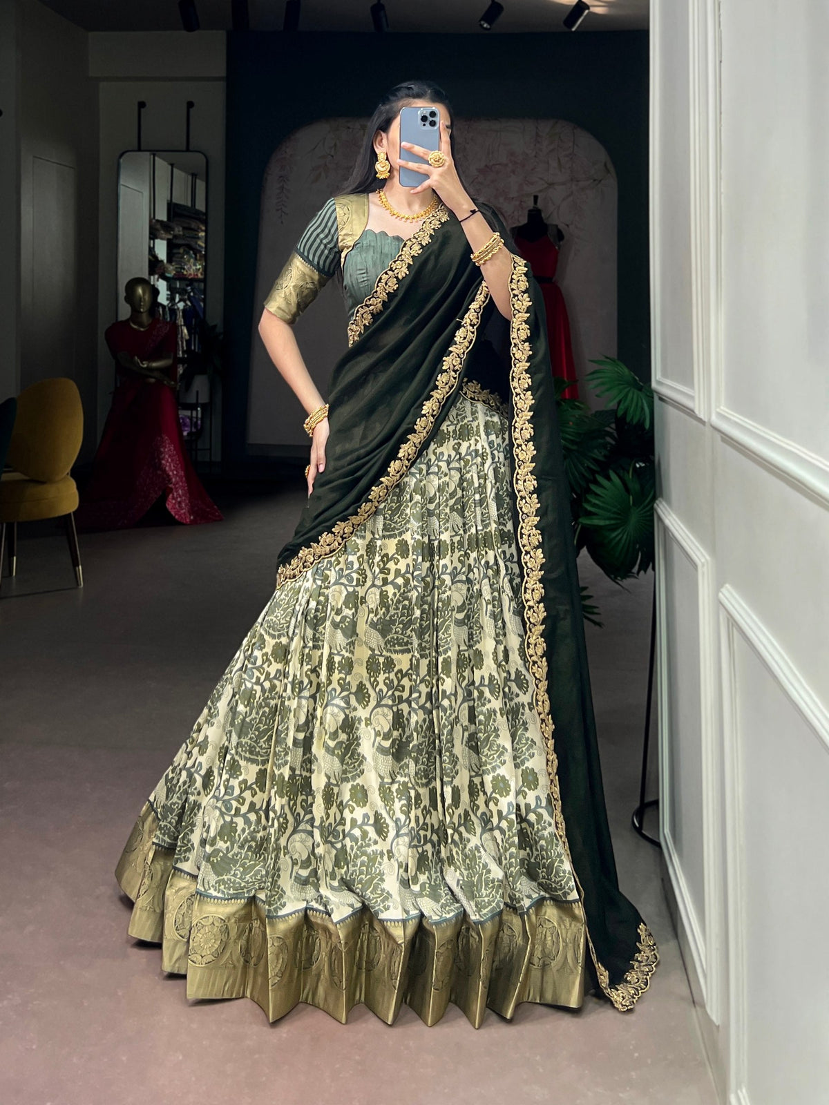 lehenga colours for daylight wedding photos — Green Tasar Silk Printed Lehenga