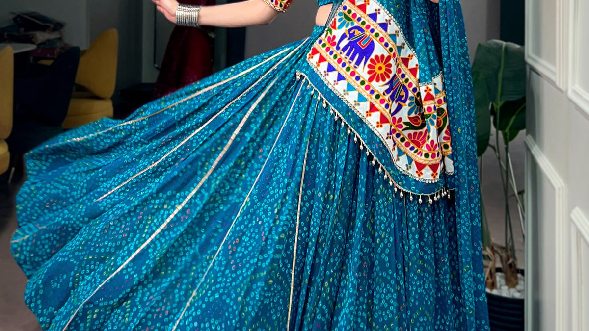 Indian print mixing guide with a sky blue Gamthi work lehenga from ClothsVilla