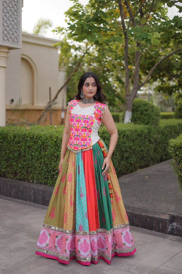 Intimate Indian wedding outfit ideas with a multicolor cotton mirror work lehenga from ClothsVilla
