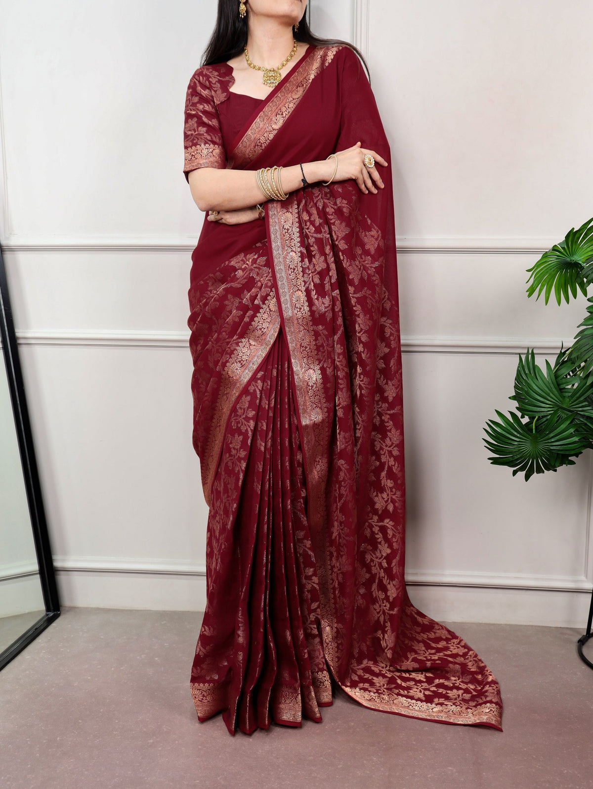 Maroon Cotton Zari Weaving Saree — ClothsVilla