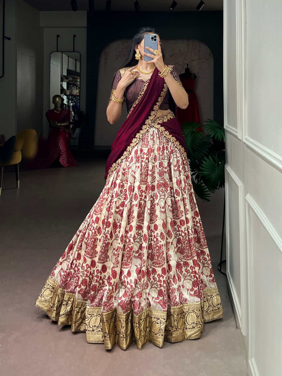 Maroon Tasar Silk Printed Lehenga ClothsVilla