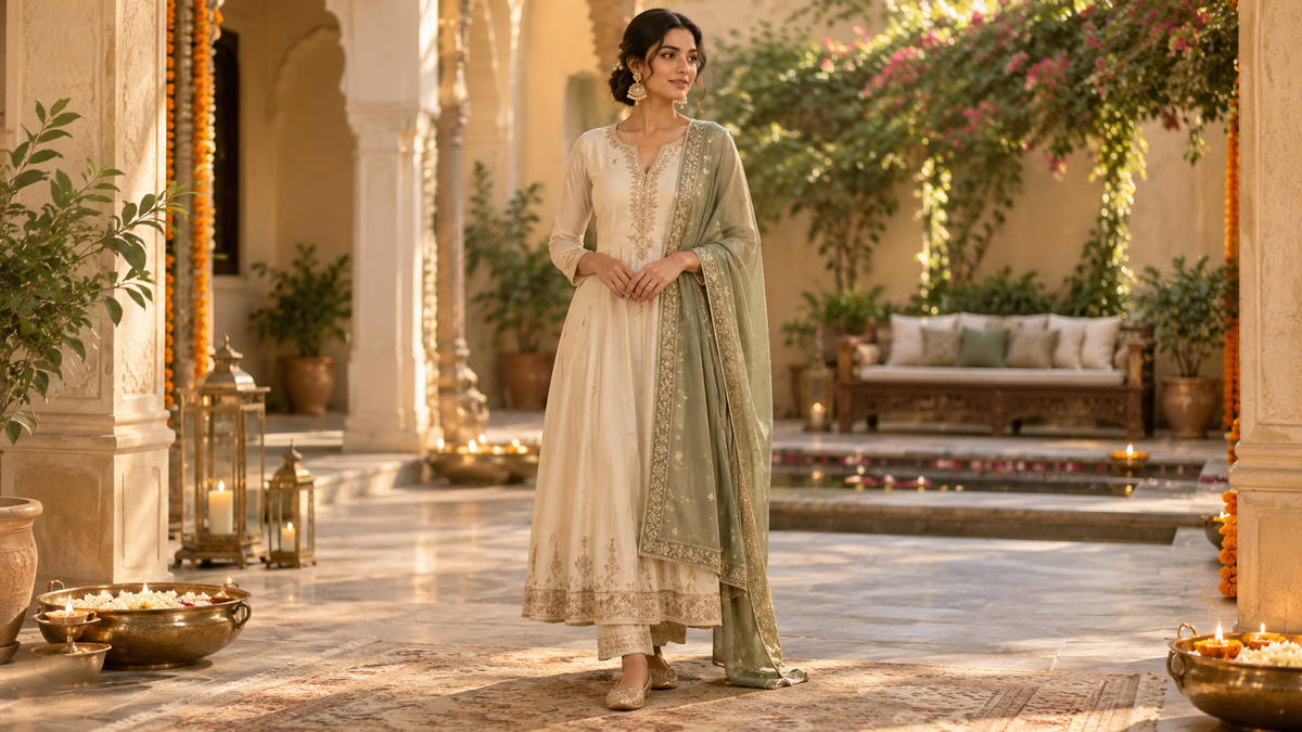 Minimal festive dressing 2026 with ivory ethnic outfit and one refined statement detail