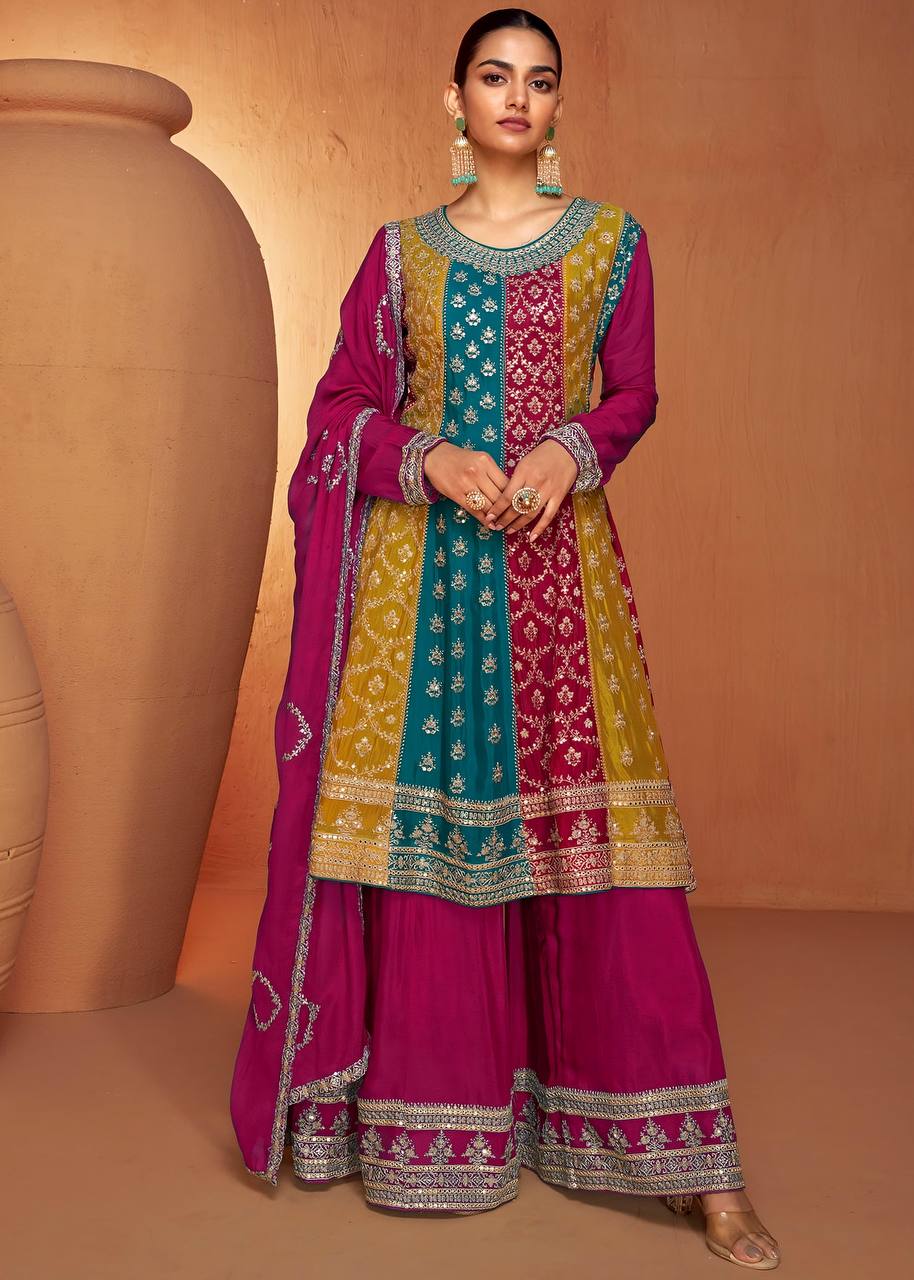 Multicolour Chinon salwar suit illustrating secure shoulder dupatta pinning