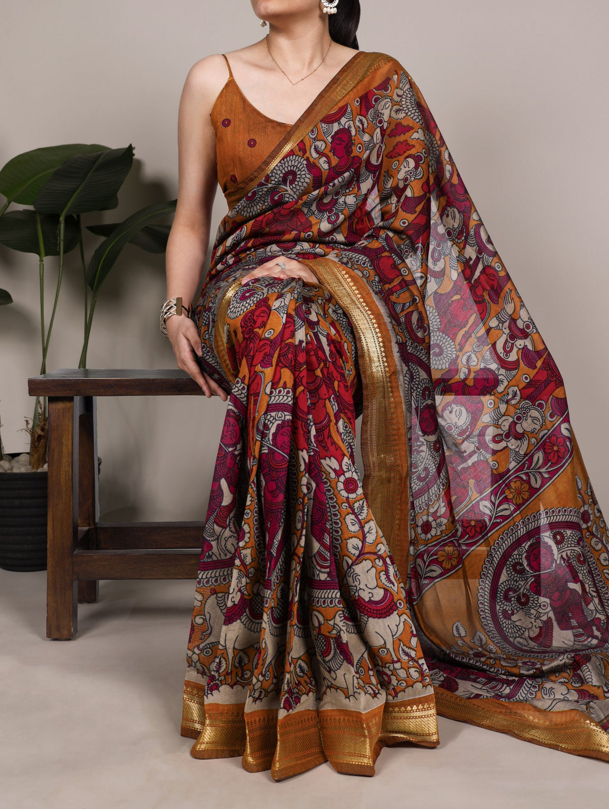 Mustard Polyester Kalamkari Print Saree featured example for Kalamkari saree blouse colour pairing