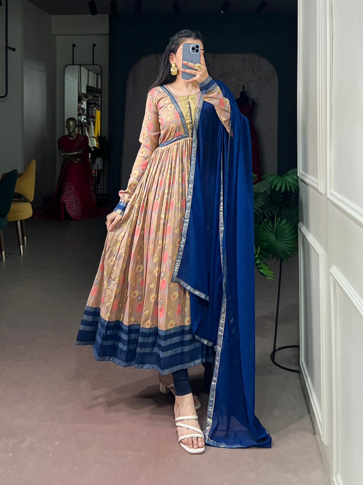 diwali ethnic dresses for women – Navy Blue Floral Printed Dress with Dupatta