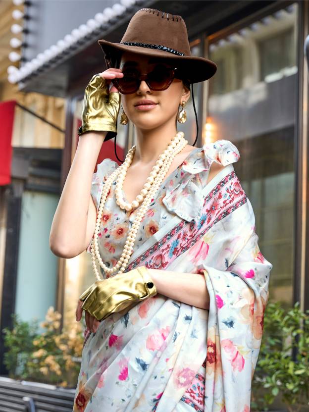 Off White Elegant Bollywood Satin Printed Saree: The Ultimate Party & Festive Wear