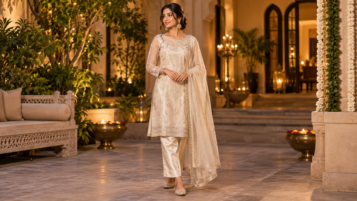 Organza salwar suit styling 2026 with pastel embroidered kurta, satin pants and sheer dupatta