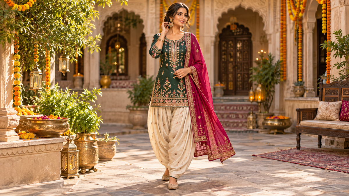 Patiala salwar comeback 2026 with short embroidered kurta, visible pleats and festive Punjabi styling