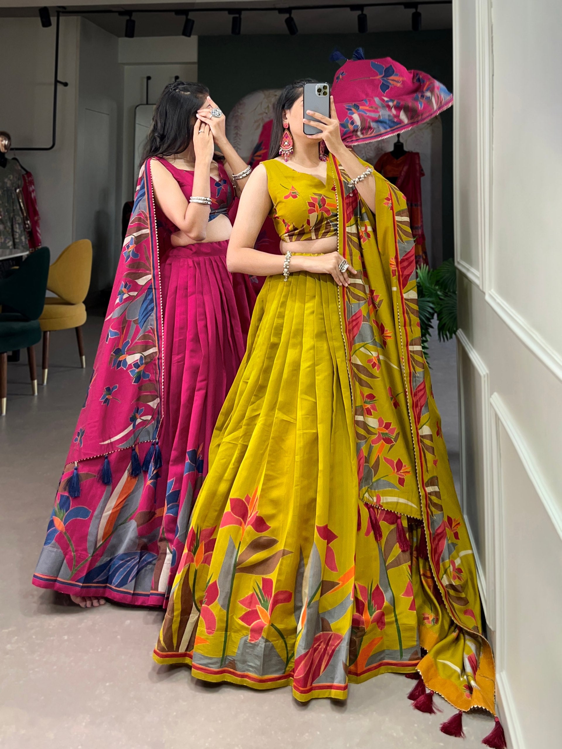 Exquisite Floral Fantasy: Embrace Elegance in our Mustard or Rani Pink Lehenga Choli Set