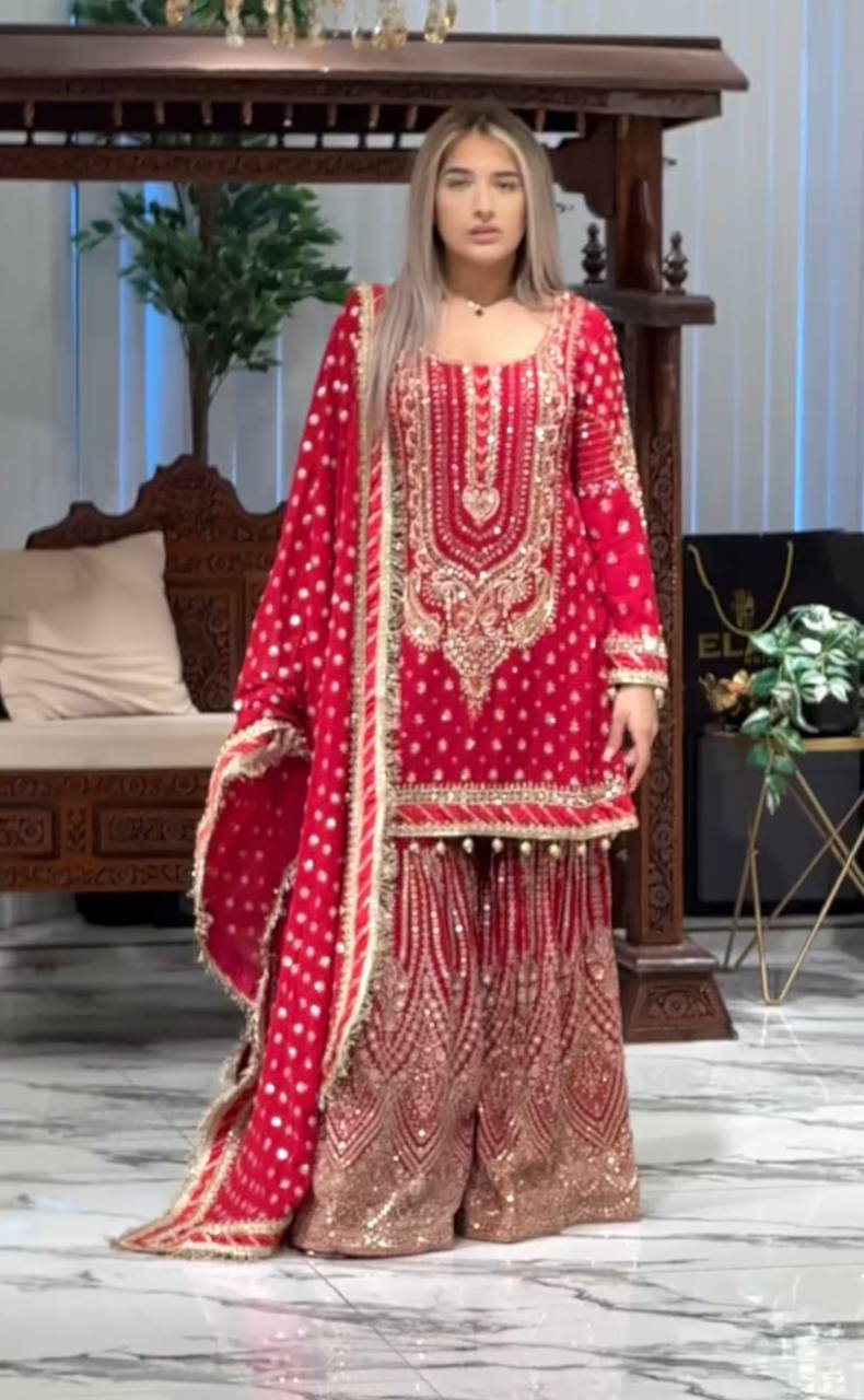 Pink embroidered georgette palazzo set illustrating comfortable wedding guest fashion trends for 2026