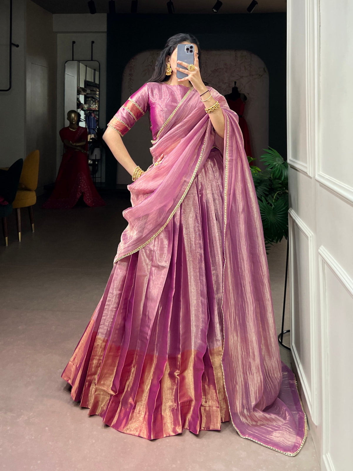 dance friendly lehenga selection — Pink Zari Tissue Lehenga Choli Set