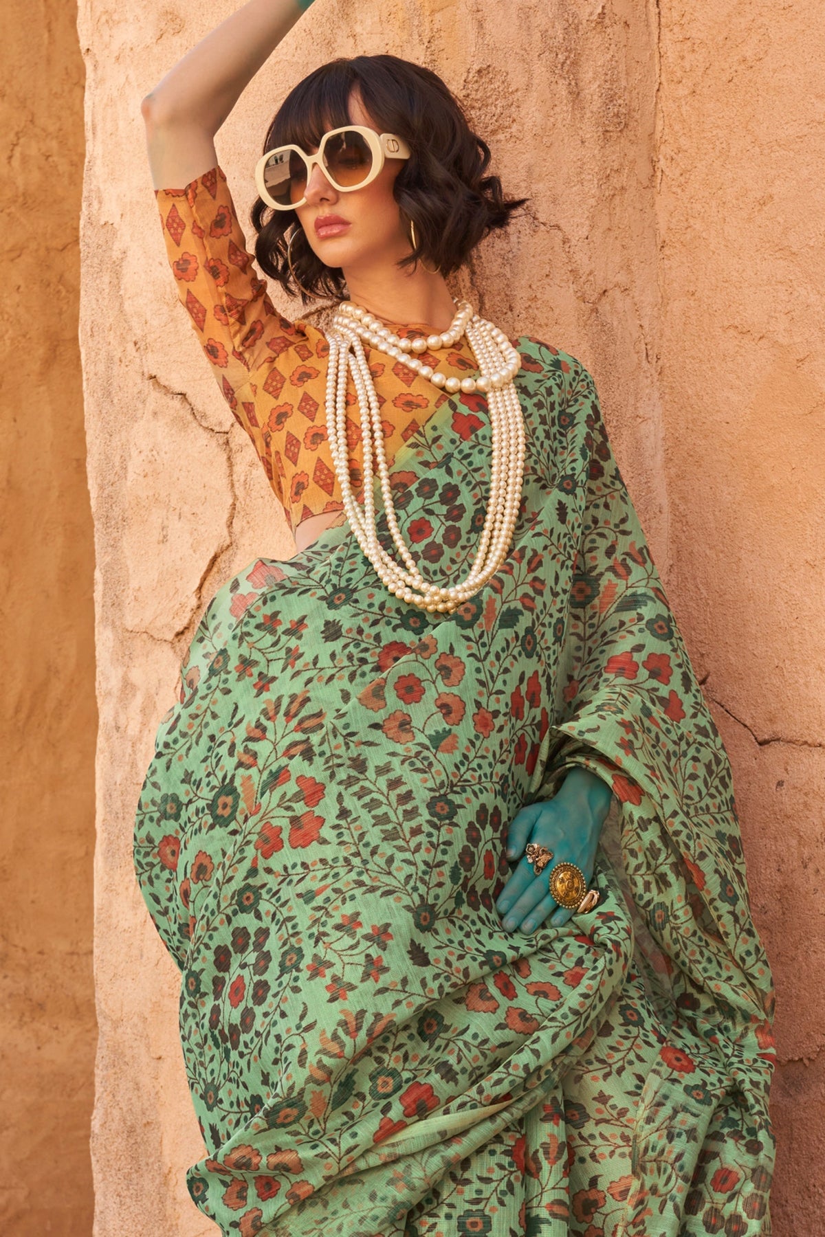 Pista Banarasi tissue saree for the ClothsVilla tissue saree fabric and drape guide