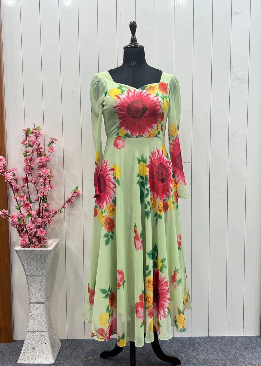 Pista soft georgette floral gown set for monsoon wedding guest styling