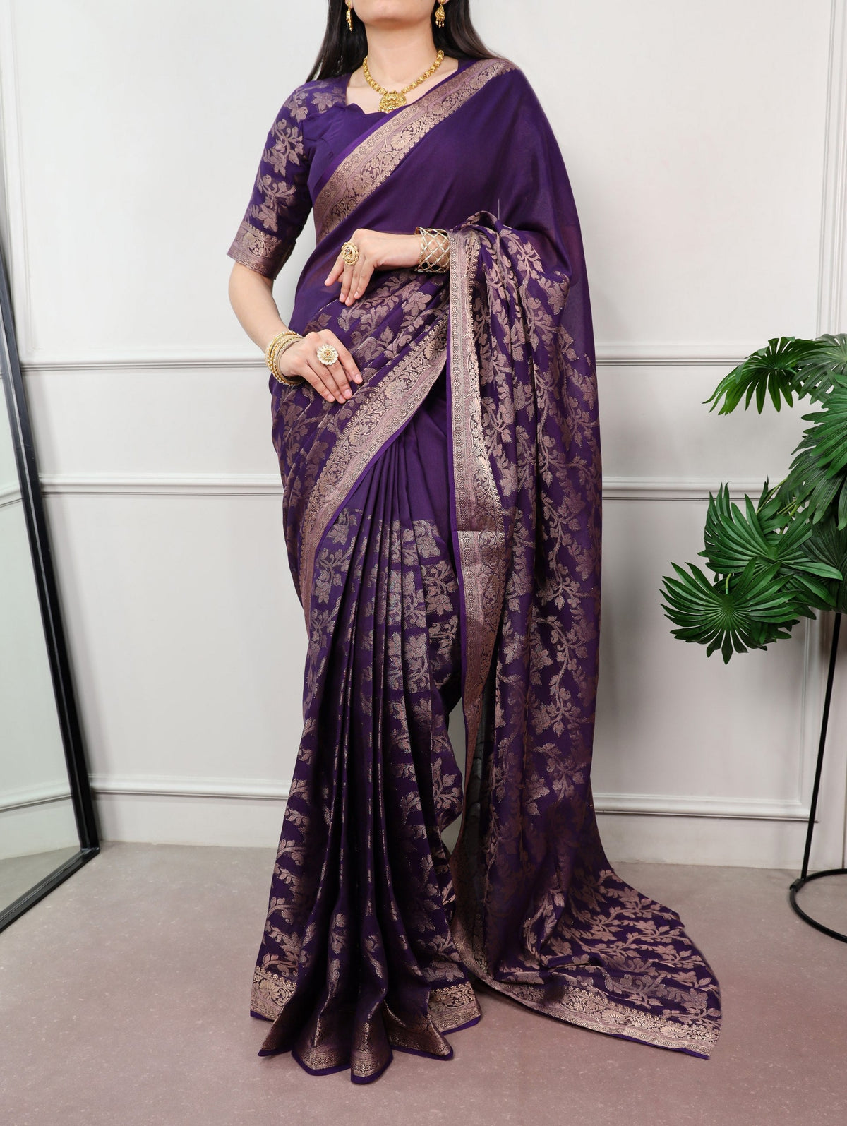 Purple Cotton Saree with Rich Zari Work — ClothsVilla