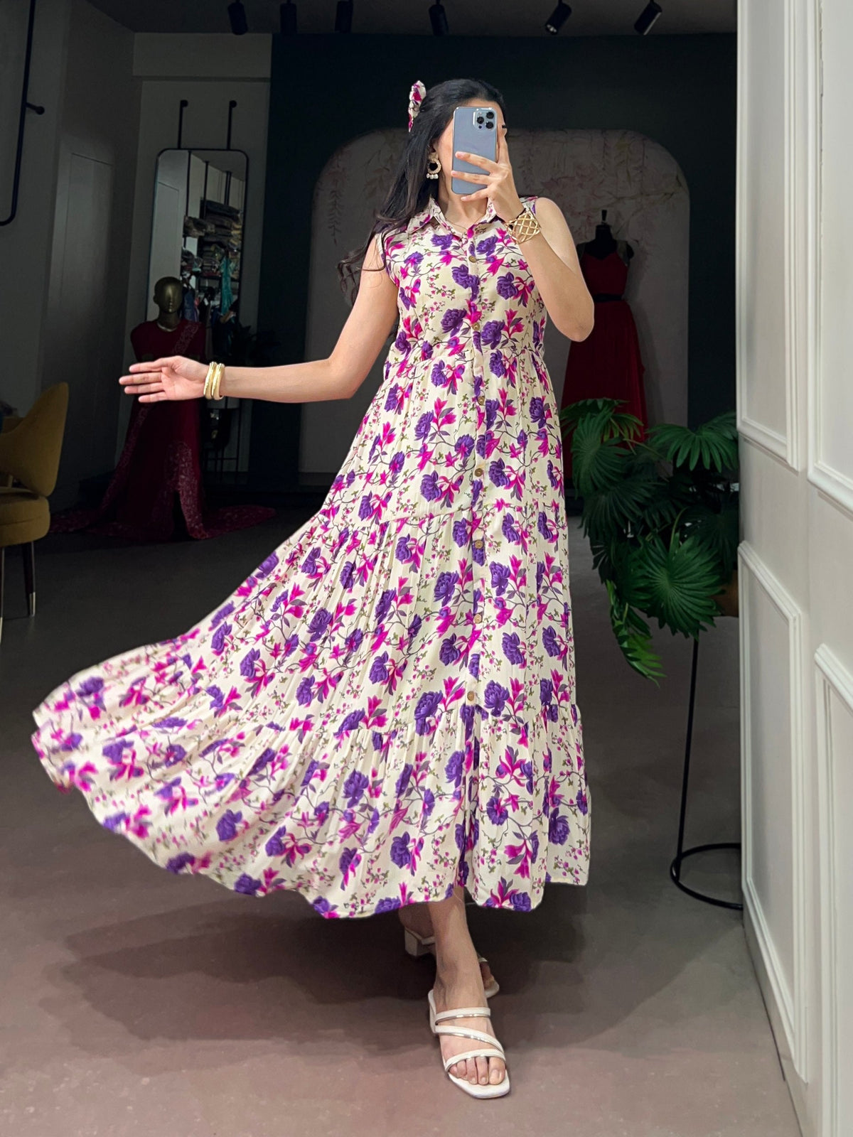 Purple Floral Printed Silk Gown ClothsVilla