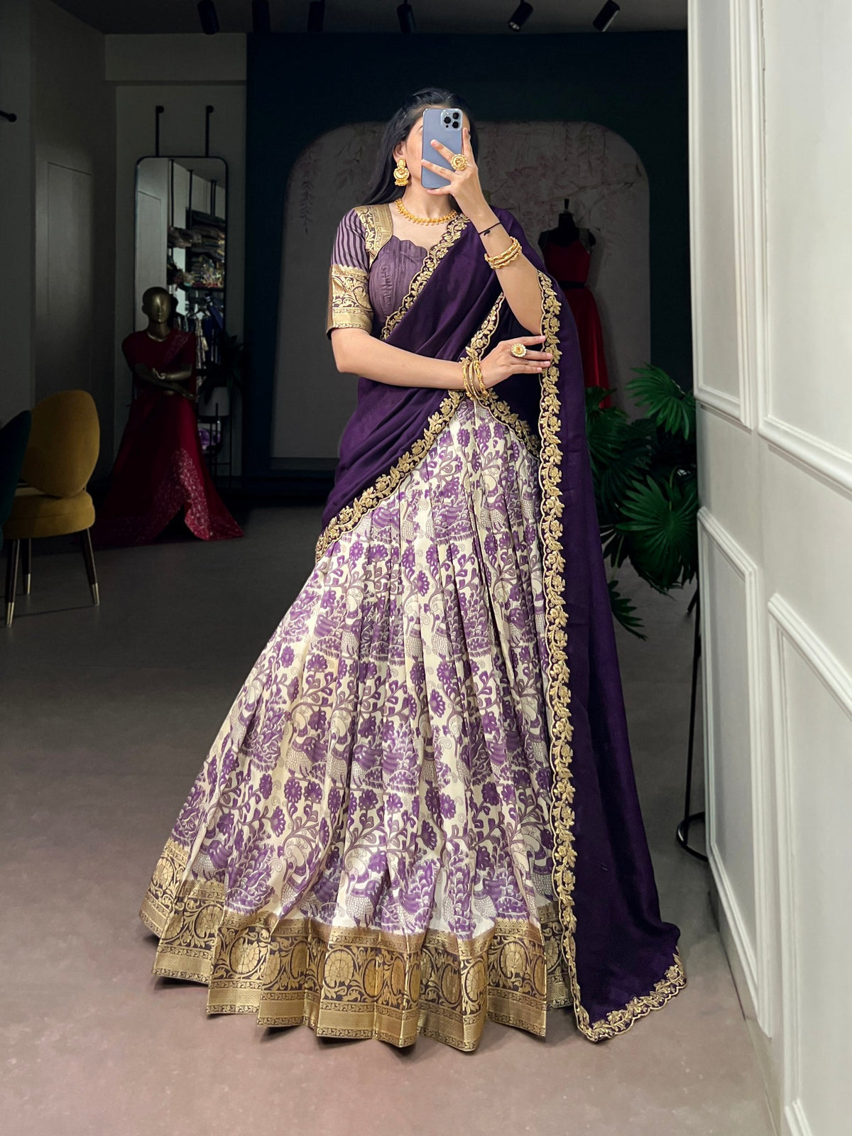 diwali office party ethnic wear women - Purple Tasar Silk Printed Lehenga