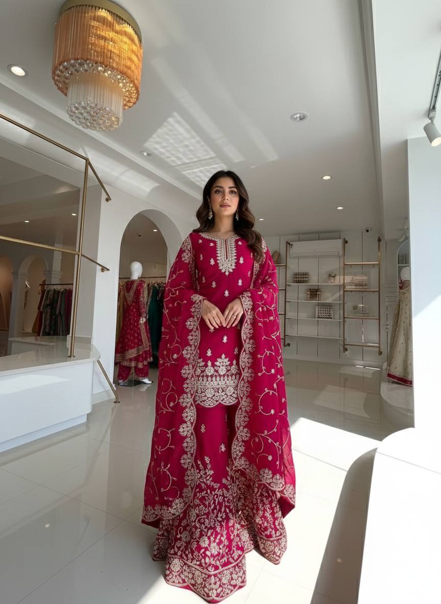 Rani pink embroidered kurta palazzo set for realistic AI salwar suit virtual try-on prompts