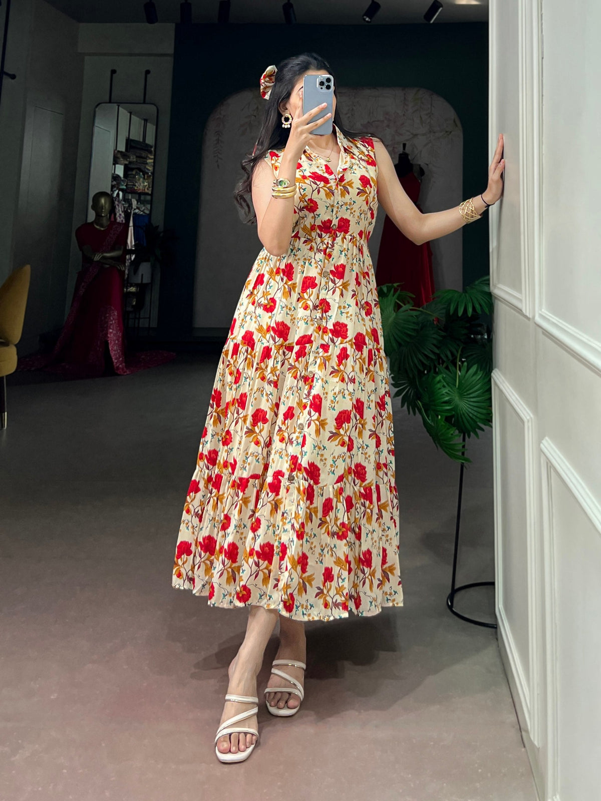 Red Floral Printed Silk Gown ClothsVilla