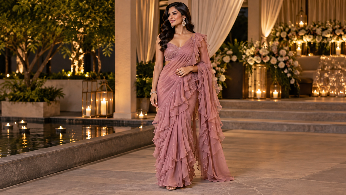 Ruffle saree styling guide 2026 with sculptural drape, modern blouse pairing and elegant evening accessories