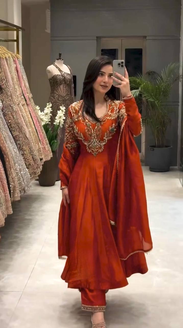 Rust Orange Cutdana Beads Embroidered Gown Set festive style from ClothsVilla