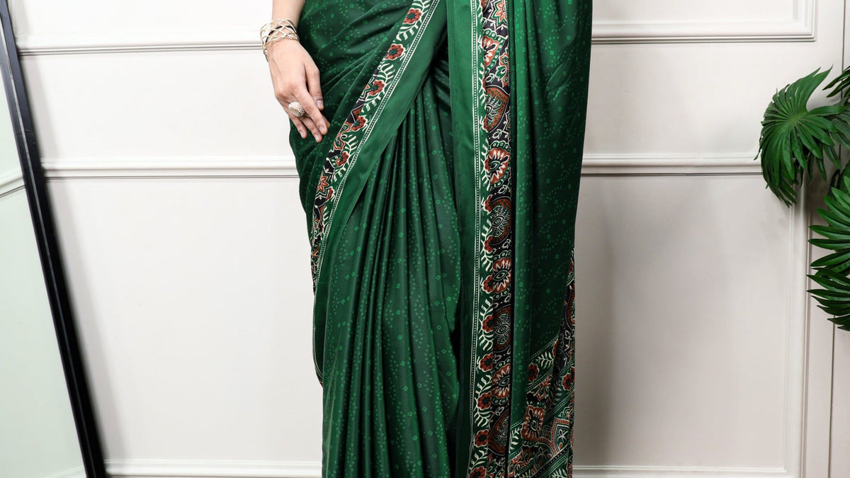 Gujarati seedha pallu saree styling with a green printed satin silk saree from ClothsVilla