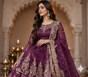 Anarkali suit trend 2026 with rich plum festive styling and elegant embroidered occasionwear silhouette