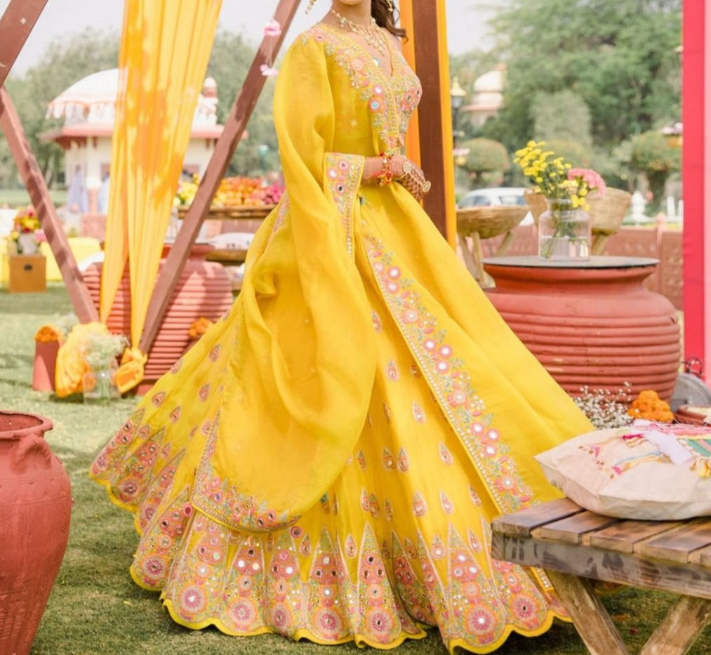 Sunshine Soiree: Radiate Joy in a Haldi Yellow Georgette Designer Lehenga