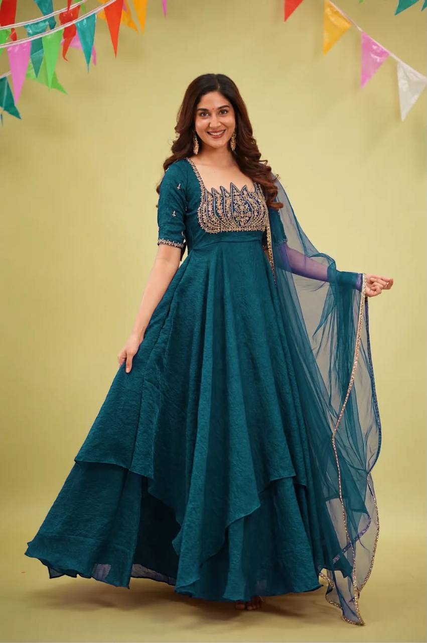 Teal Blue Crush Silk Embroidered Gown ClothsVilla