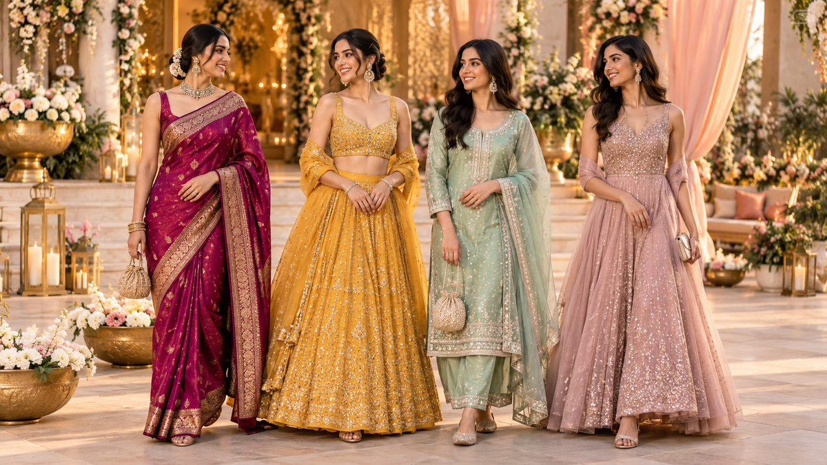 Wedding guest capsule wardrobe 2026 with coordinated saree, lehenga, salwar suit and gown looks