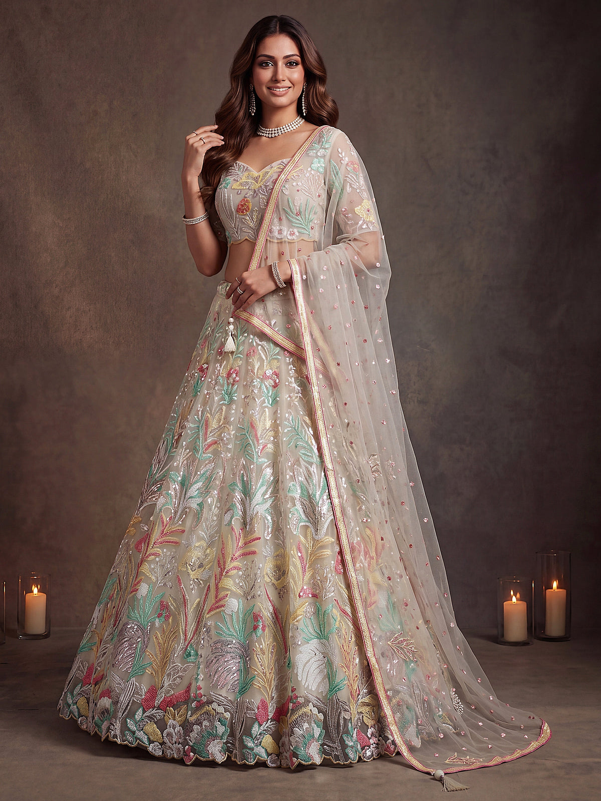 White soft net lehenga choli with thread and sequin embroidery