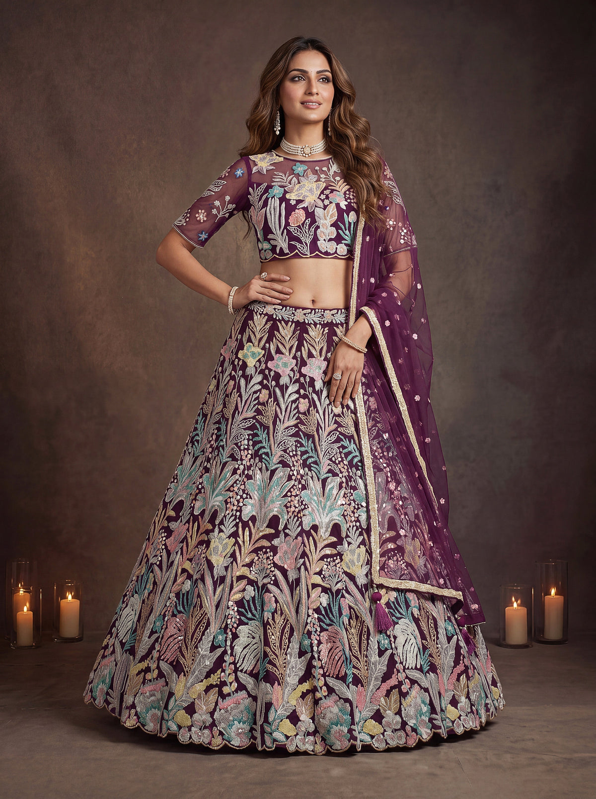 Wine Soft Net Lehenga Choli with Thread & Sequin Embroidery — ClothsVilla product image