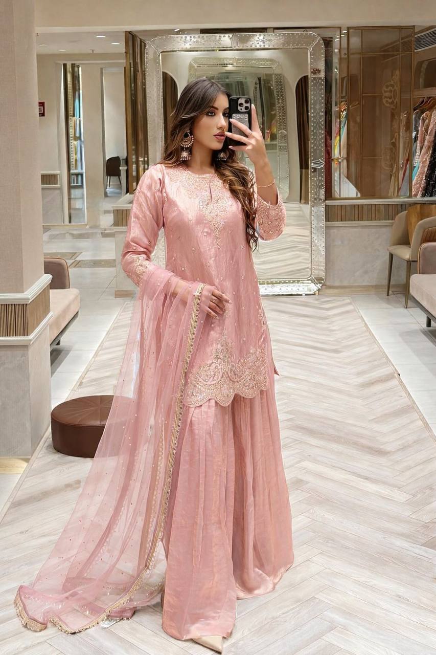 Silk-Finish Embroidered Palazzo Suit with Net Dupatta – Blush Pink, Lime Green, Aqua Blue & Lavender ClothsVilla