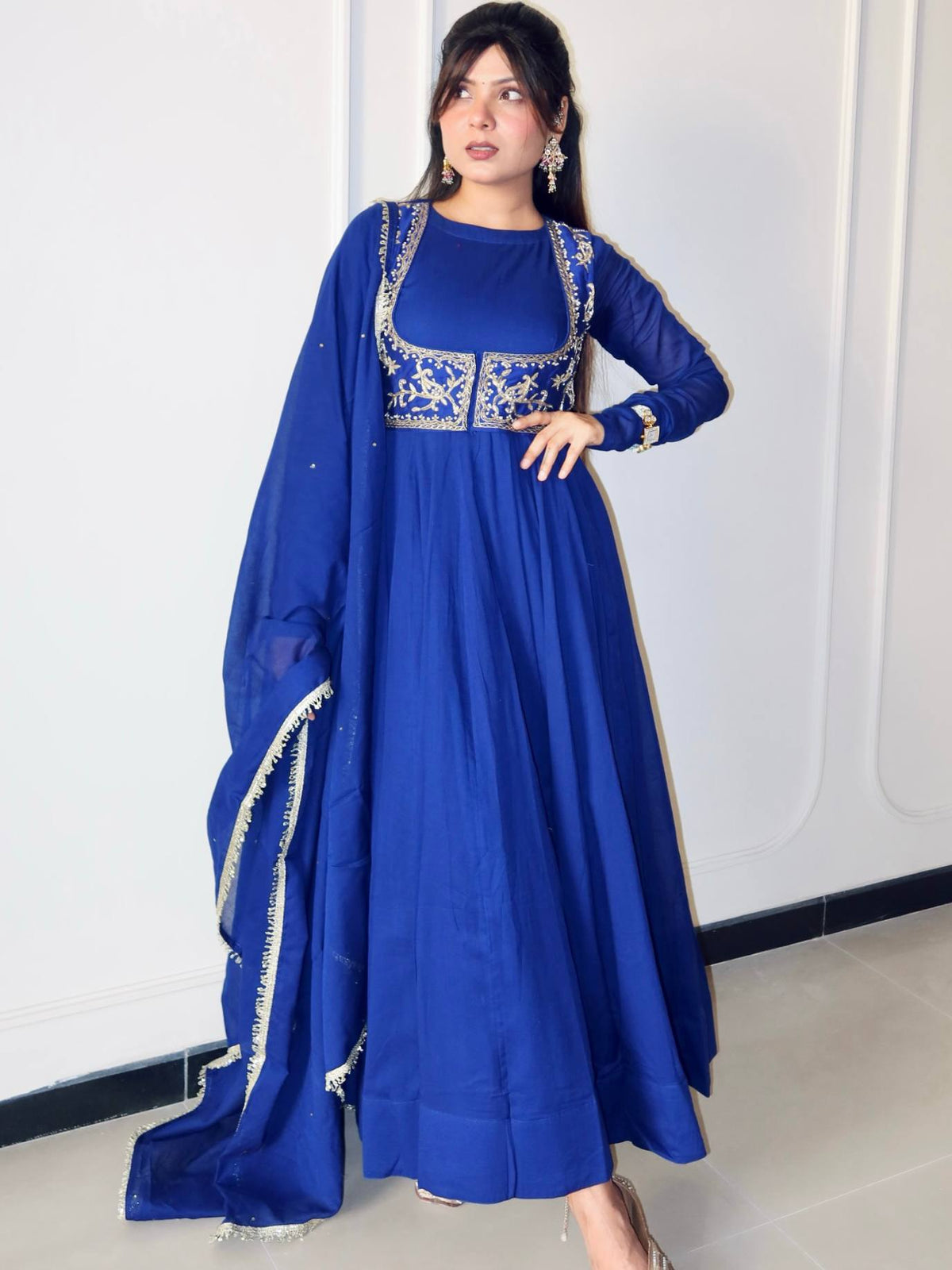Royal Blue Roman Silk Chanderi Embroidered Gown Jacket Dupatta Set new ClothsVilla style guide