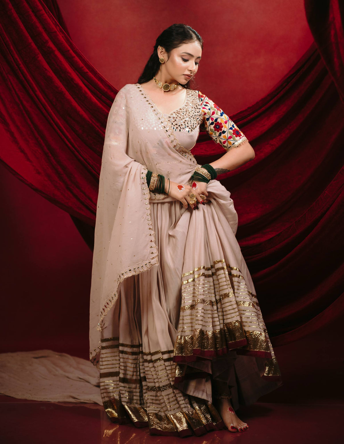Champagne Beige Malmal Cotton Mirror Work Navratri Lehenga Choli Dupatta Set new ClothsVilla style guide