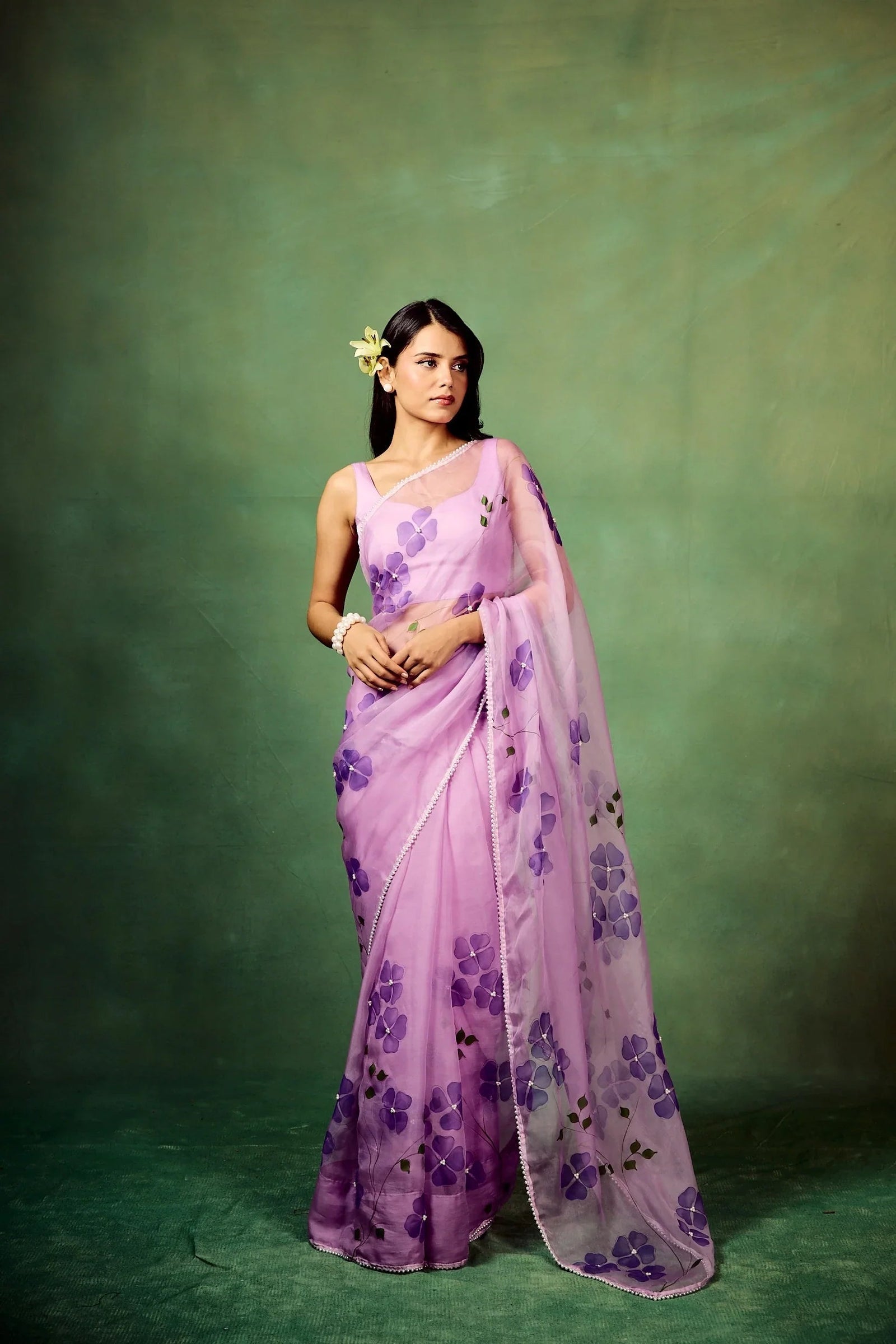 Lavender Pure Organza Saree with Hand-Painted Purple Floral Motifs & Pearl Sequin Highlights | Satin Blouse FANCY SAREES