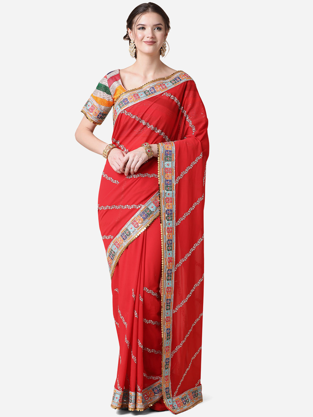 Red Ethnic Gotta Patti Georgette Saree with Blouse ClothsVilla Main image