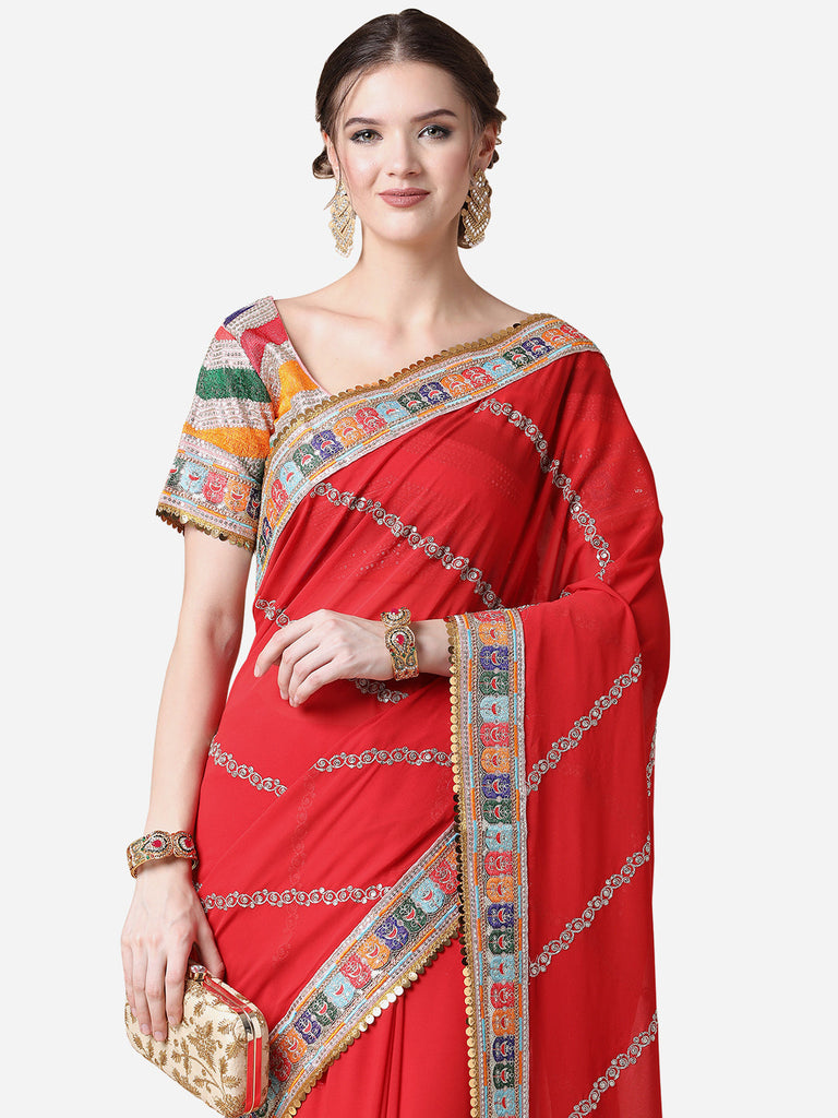 Red Ethnic Gotta Patti Georgette Saree with Blouse ClothsVilla