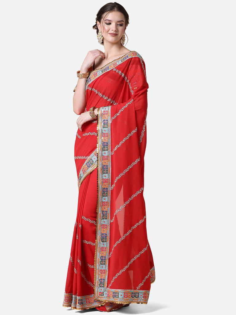 Red Ethnic Gotta Patti Georgette Saree with Blouse ClothsVilla