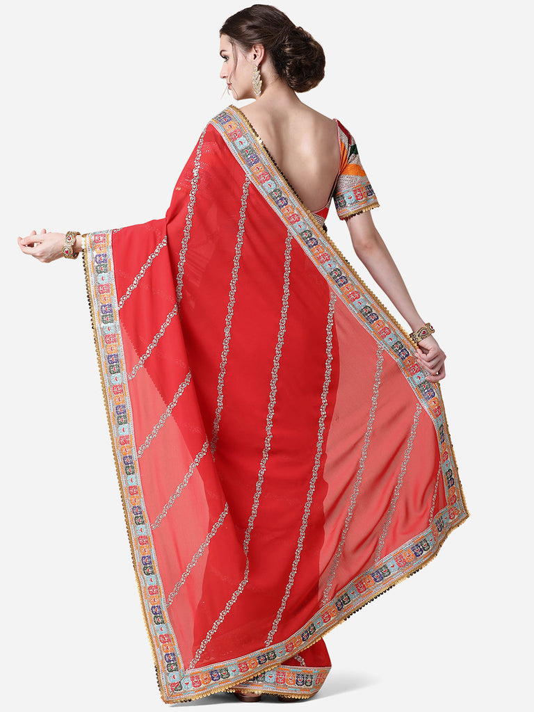 Red Ethnic Gotta Patti Georgette Saree with Blouse ClothsVilla