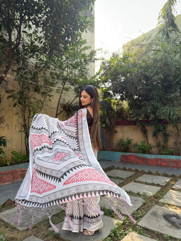 Elegant White Pure Linen Digital Printed Saree with Chevron Design and Intricate Red-Black Geometric Pallu – Tassel Details and Matching Blouse Piece LINEN