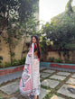 Load image into Gallery viewer, Elegant White Pure Linen Digital Printed Saree with Chevron Design and Intricate Red-Black Geometric Pallu – Tassel Details and Matching Blouse Piece LINEN