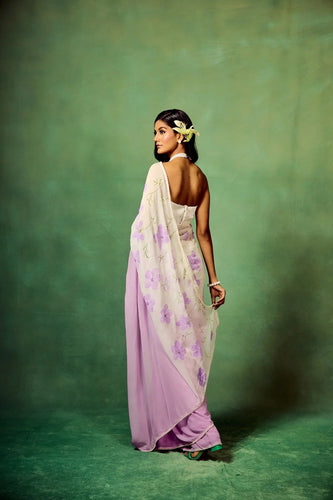 Lavender Bloom Pure Georgette Saree – Hand-Painted Floral Motifs with Sequins & Modal Satin Blouse FANCY SAREES