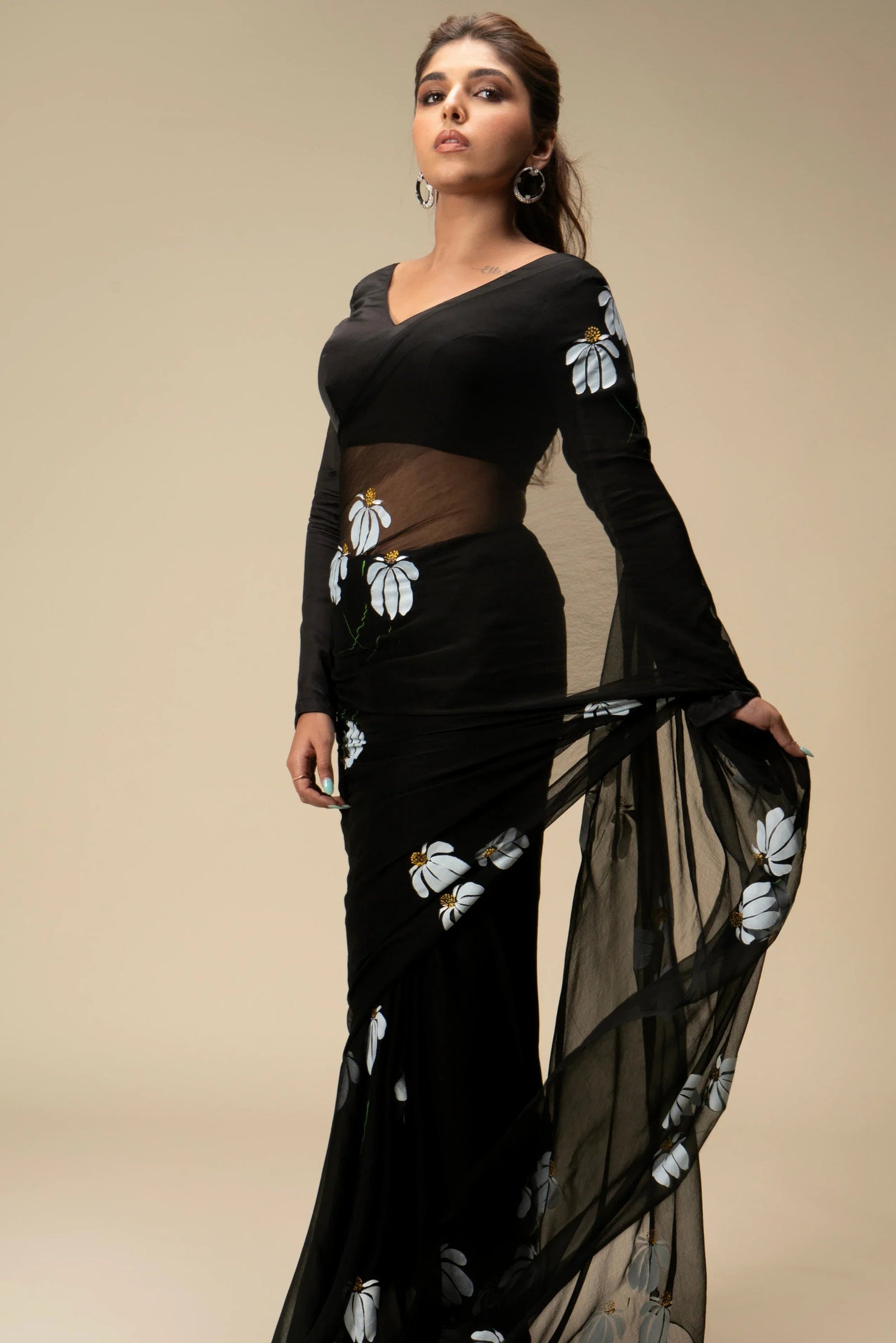 Black Hand-Painted Pure Georgette Saree with White Floral Motifs & Sequins | Modal Satin Blouse FANCY SAREES