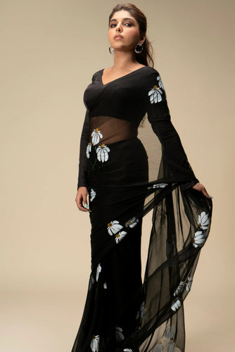 Black Hand-Painted Pure Georgette Saree with White Floral Motifs & Sequins | Modal Satin Blouse FANCY SAREES