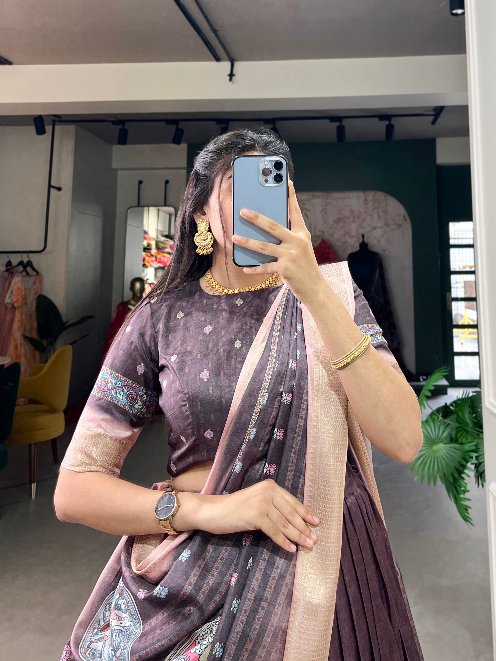 Burgundy Kalamkari Print Lehenga Choli Set - Dola Silk with Weaving Border ClothsVilla